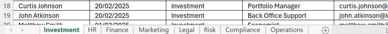 
Screenshot of an Excel file that displays different tabs, one for each department.
