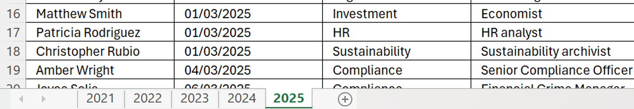
Screenshot of an Excel file that displays different tabs, one for each year.
