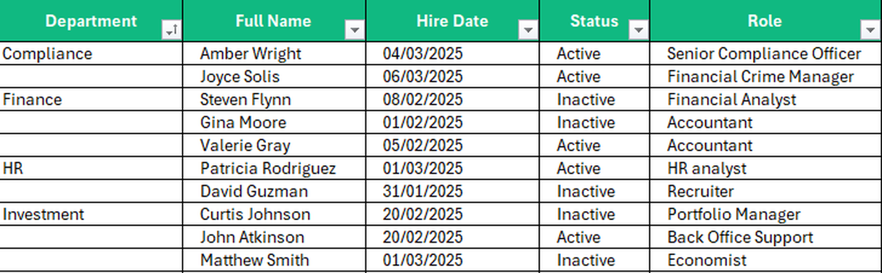 Screenshot of an Excel file showing the use of blank values instead of repeating the data