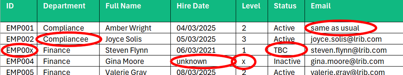 Excel screenshot showing different issues due to a lack of data validation such as unexpected data types