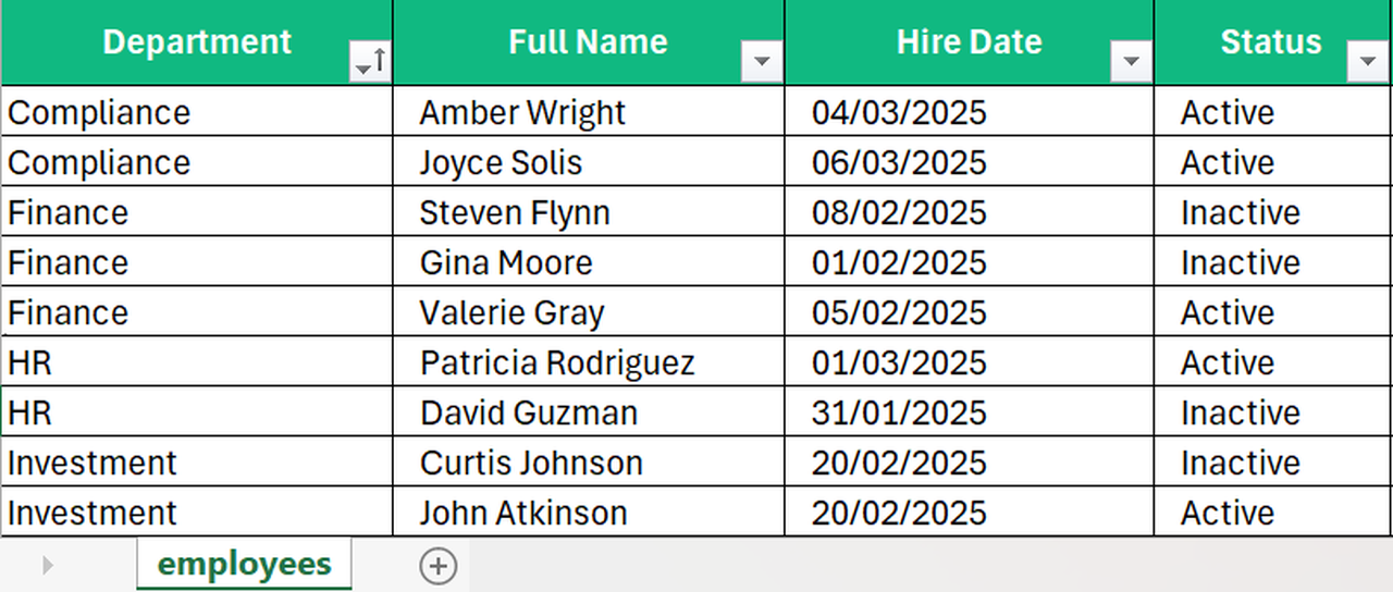 Screenshot of an Excel file showing no merged rows