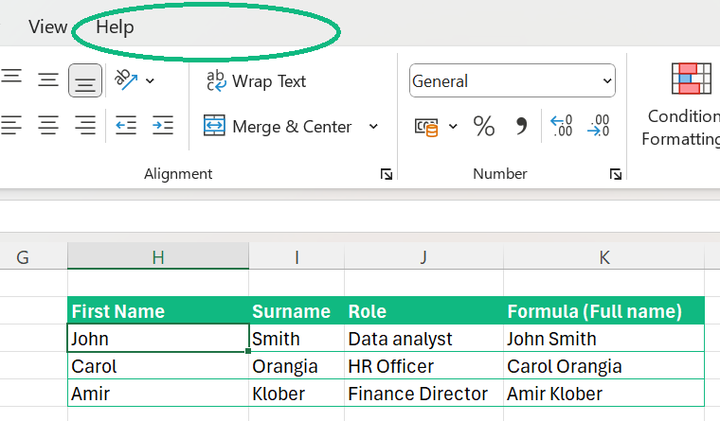Screenshot that shows there is no text "Table Design" in the Ribbon of Excel.
