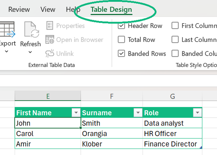 Screenshot that shows the text Table Design in the Ribbon of Excel.