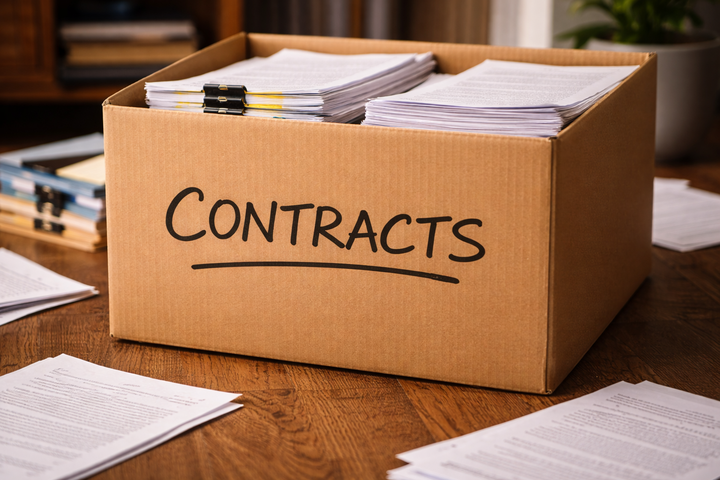 Box of contracts on a wooden desk