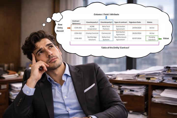 Tom thinking of a table of contracts and the differences between a record, an attribute, a value, an attribute and a table.