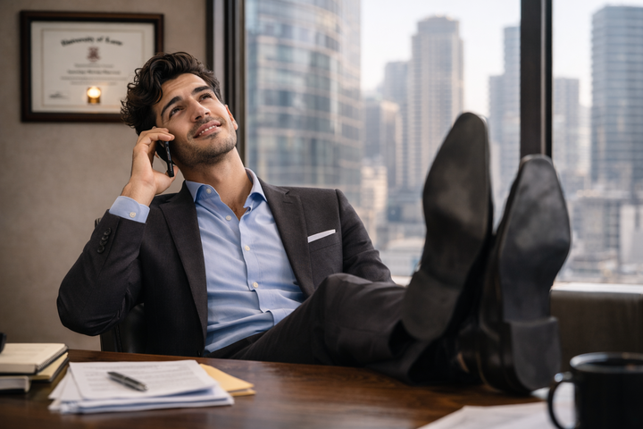 Tom the lawyer on the phone with his shoes on his desk