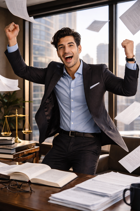 Tom the lawyer is happy and throws documents in the air